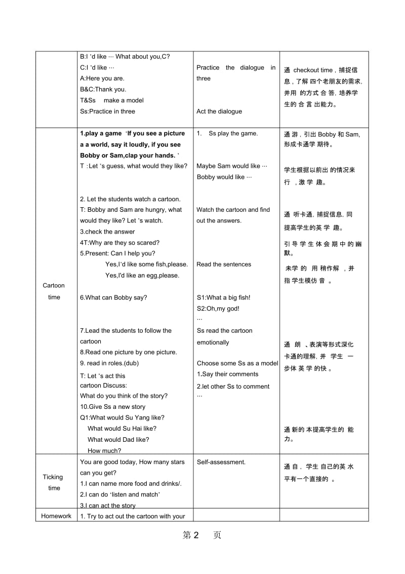 四年级上册英语教案(表格式)Unit6Atthesanckbar(Period3)译林版(三起).docx_第2页