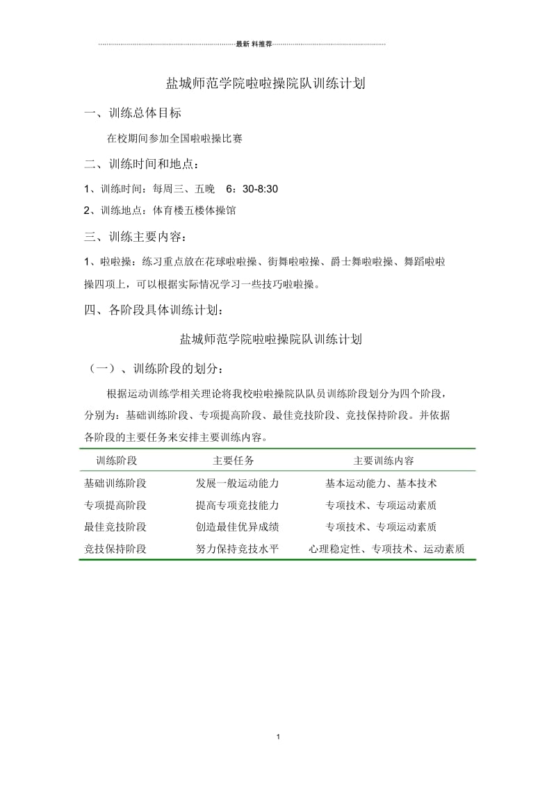 盐城师范学院健美操啦啦操院队训练计划.docx_第1页