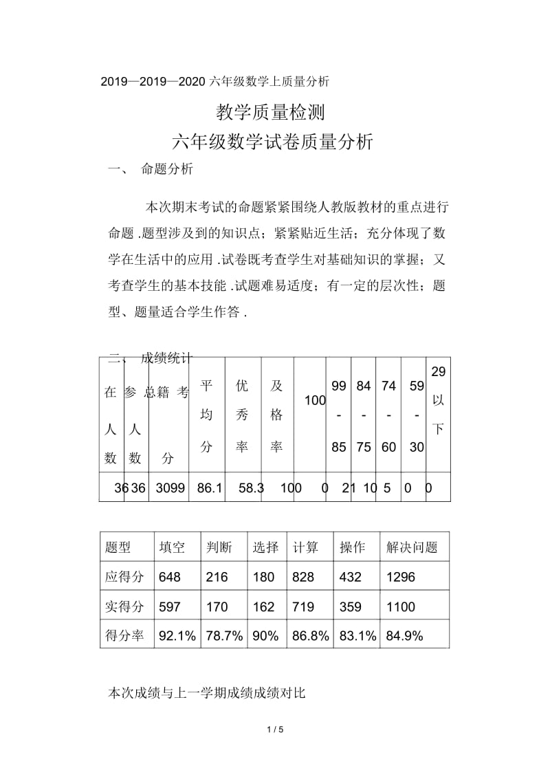 2019—2020六年级数学上质量分析.docx_第1页