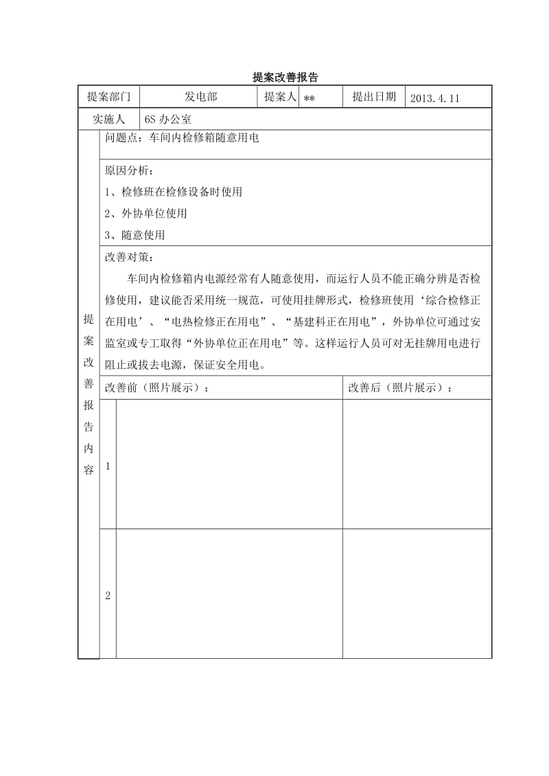 发电部6S管理改善提案（车间内检修箱随意用电）.doc_第1页