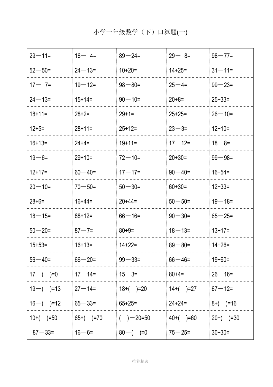 100以内加减法口算题卡-——打印表格格式修正版(小学一年级下册数学18页).doc_第1页