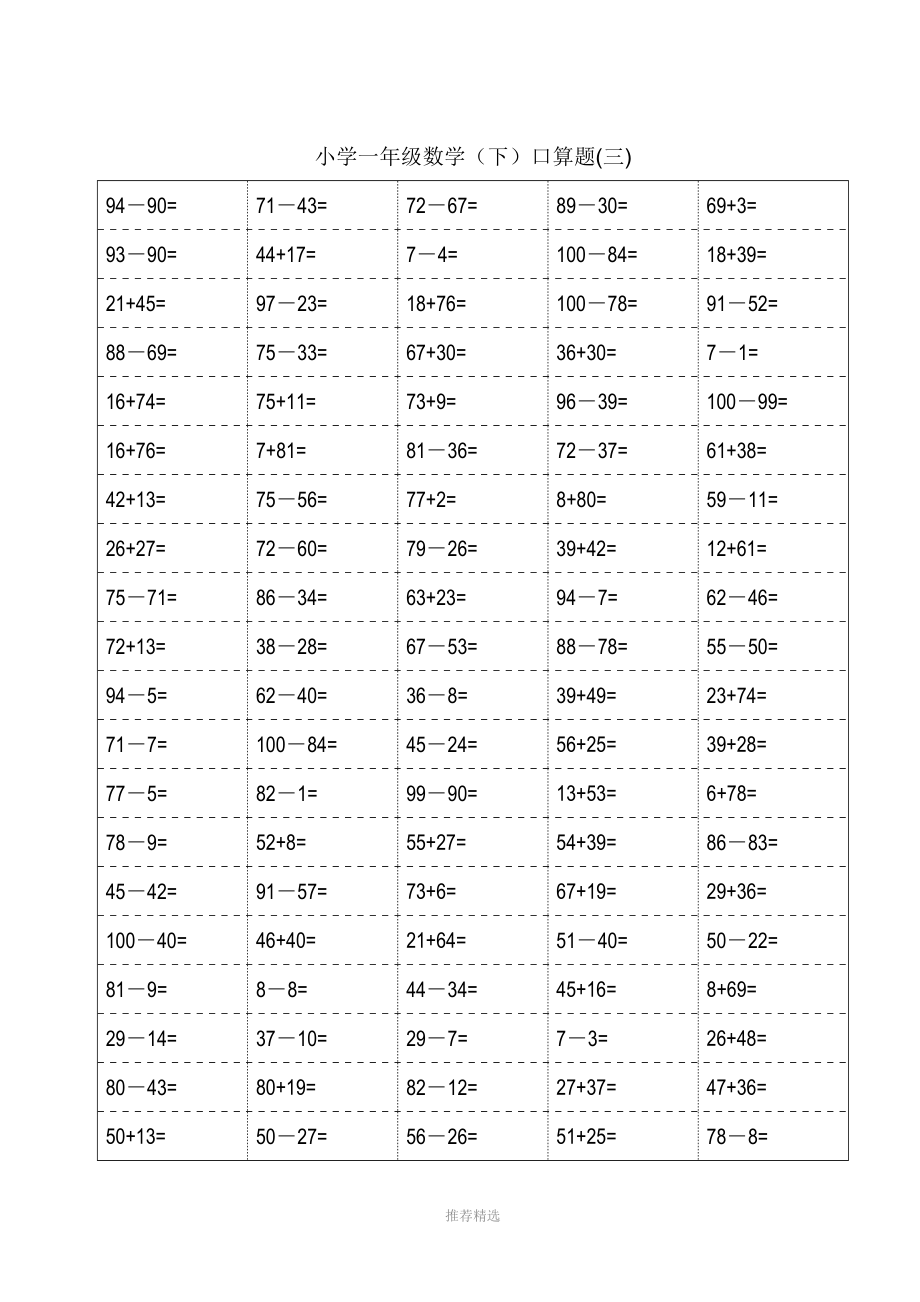 100以内加减法口算题卡-——打印表格格式修正版(小学一年级下册数学18页).doc_第3页