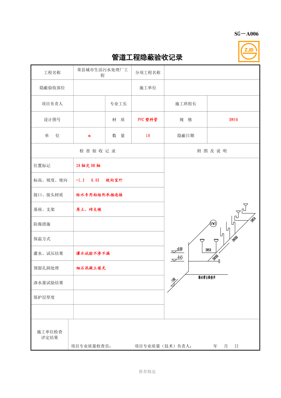 SG-A006管道工程隐蔽验收记录.doc_第1页