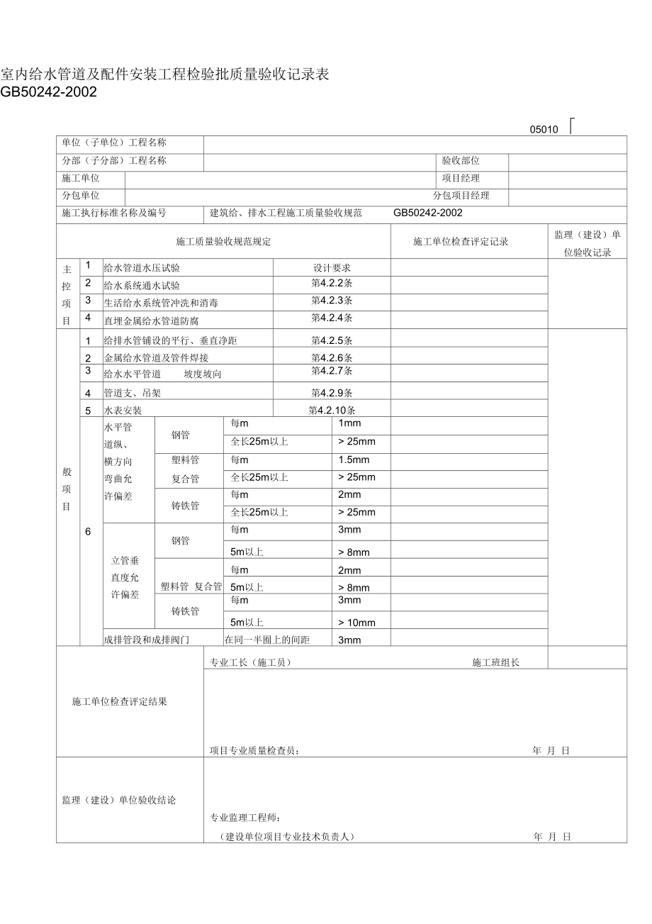 室内给水管道及配件安装工程检验批质量验收记录表.docx_第1页