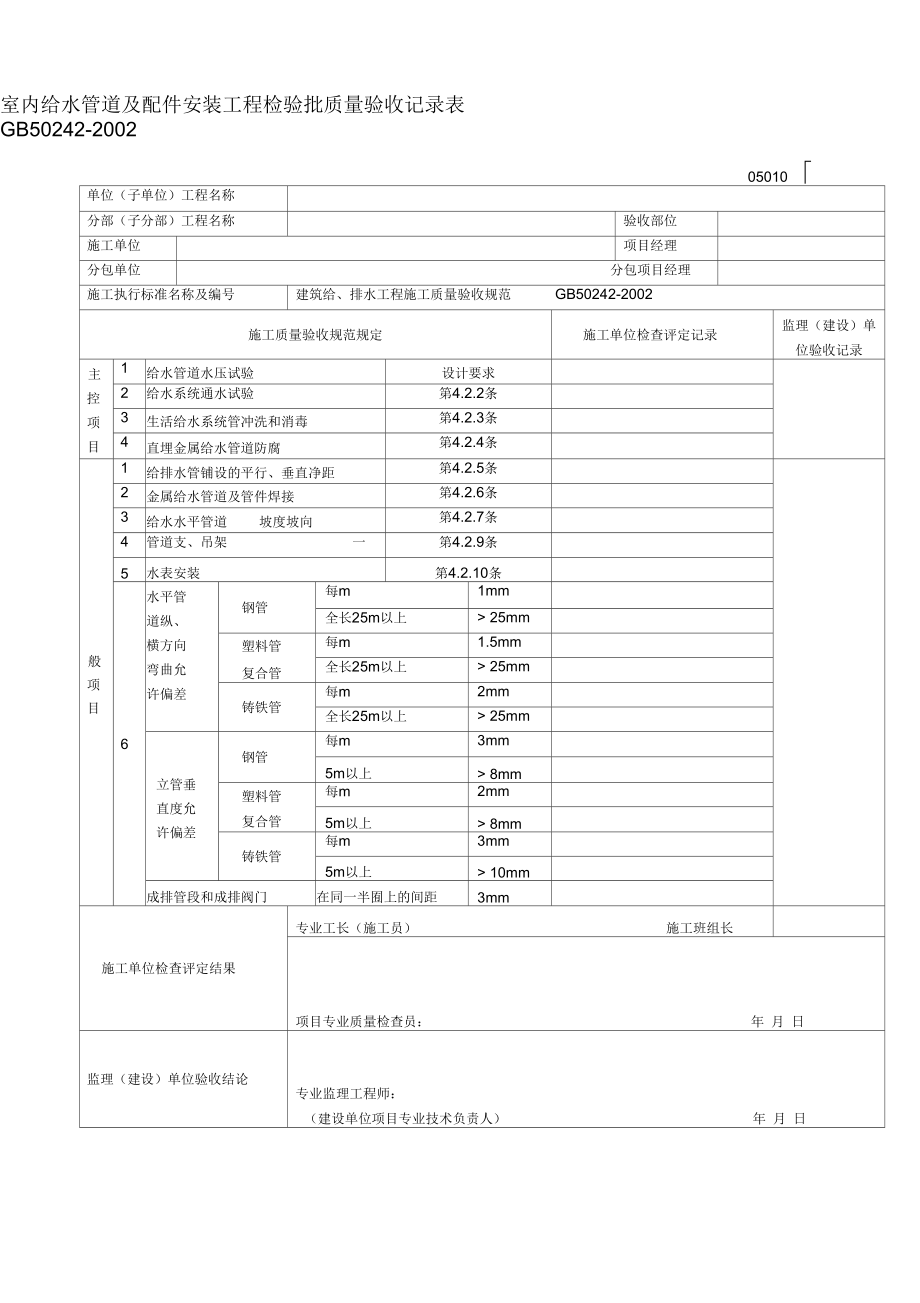 室内给水管道及配件安装工程检验批质量验收记录表.docx_第2页