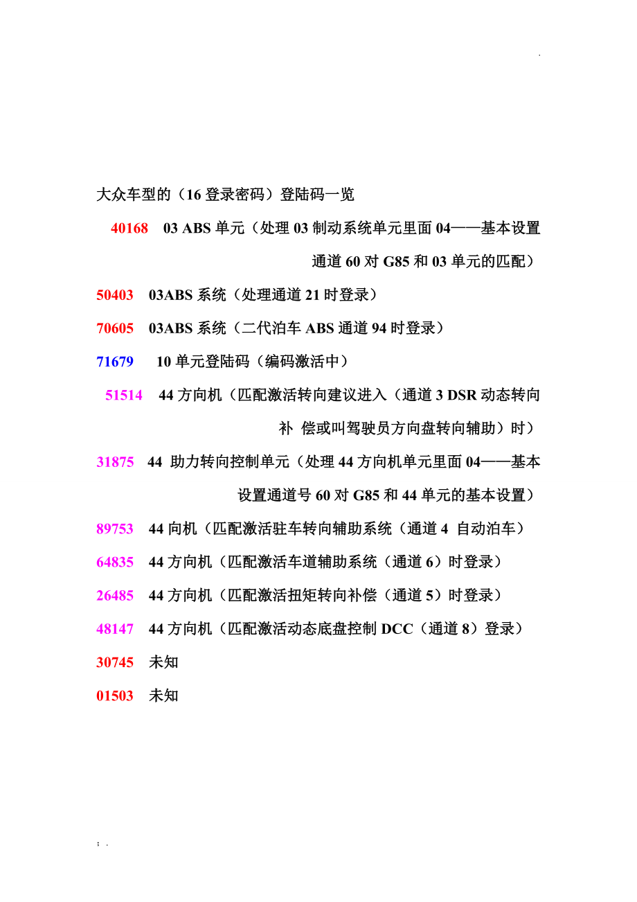 大众车型编码匹配通道登陆码.docx_第1页