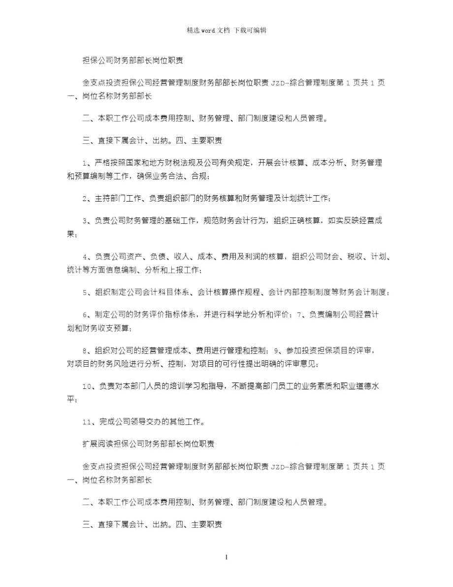 2021年担保公司财务部部长岗位职责.doc_第1页