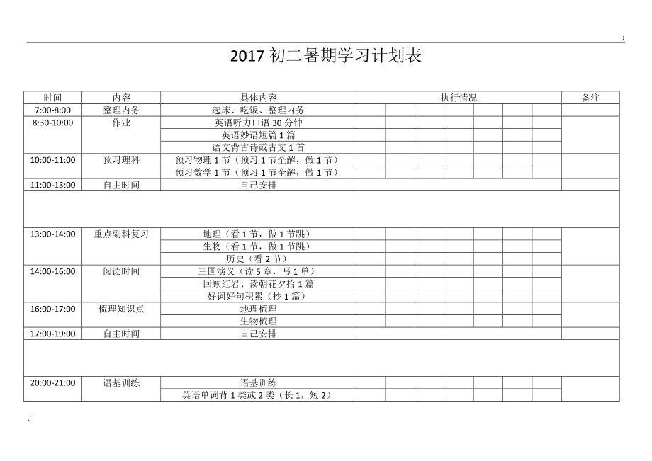 2017初中暑期学习计划表.doc_第1页