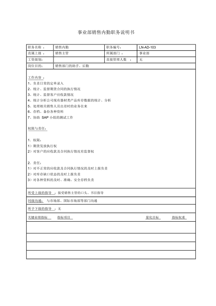 事业部销售内勤职务说明书.doc_第1页