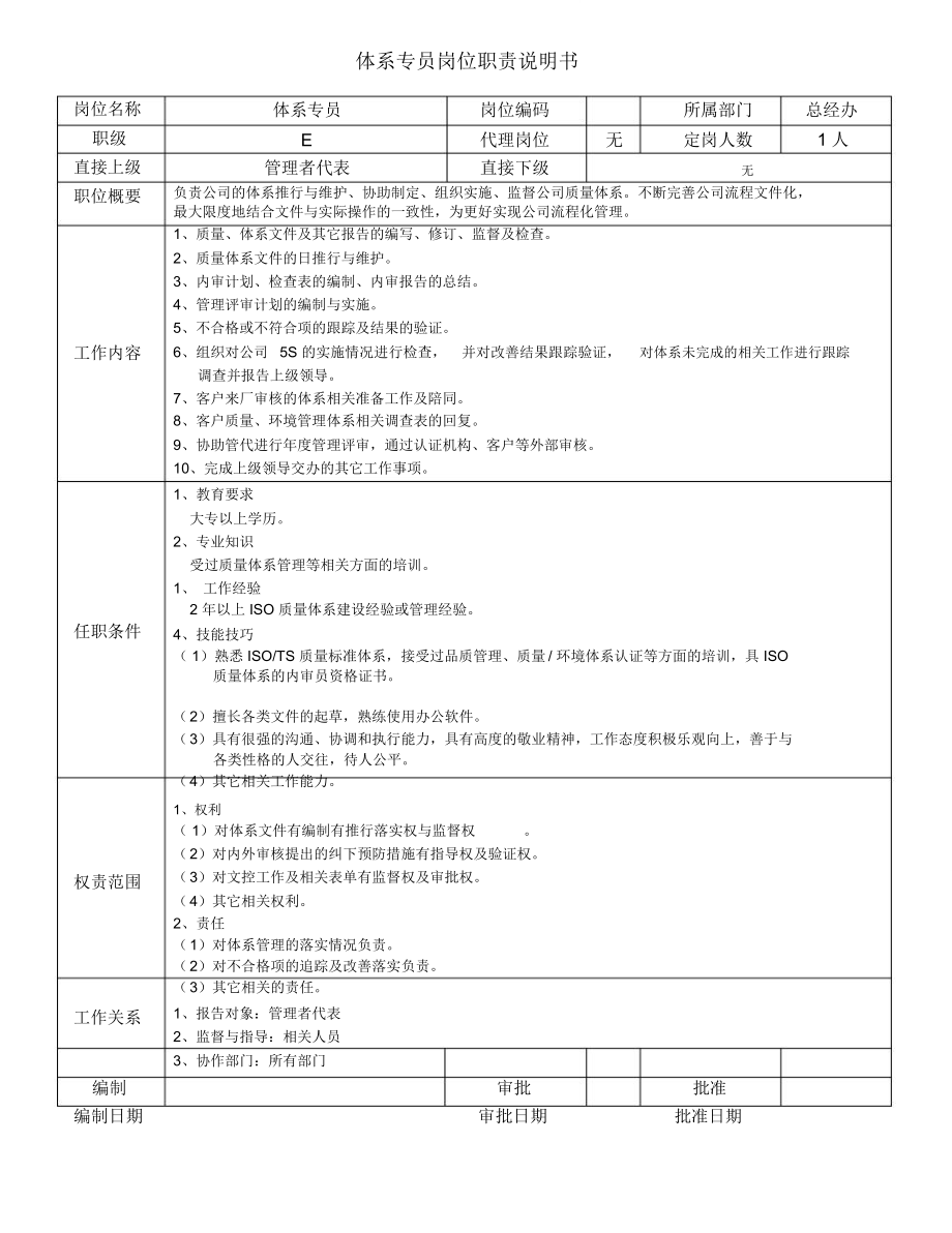 体系专员岗位职责说明书.doc_第1页