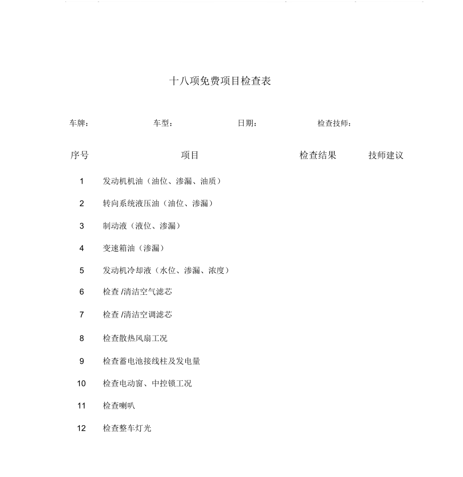 十八项汽车维修免费项目检查表.doc_第1页