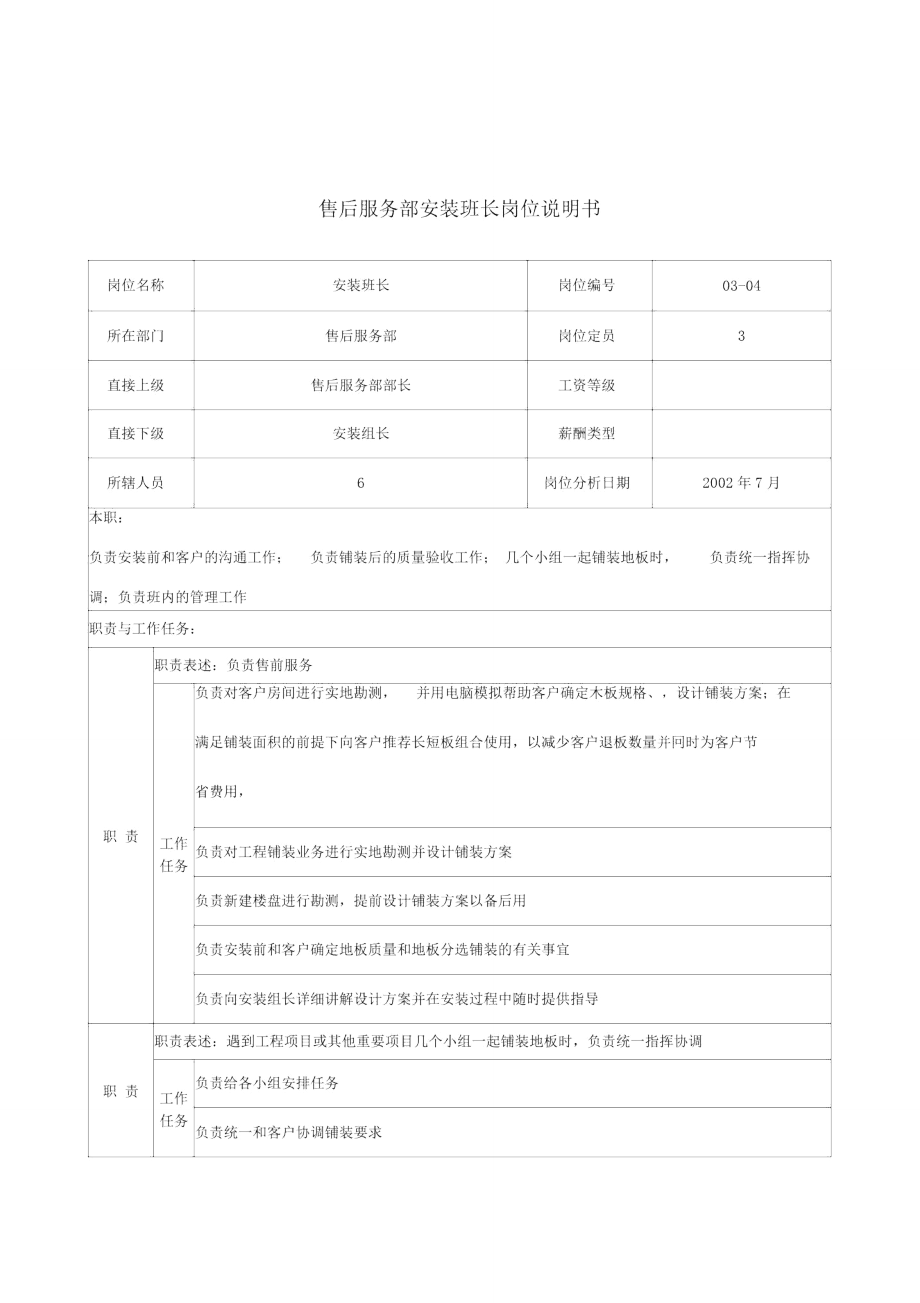 售后服务部安装班长的职责.doc_第1页