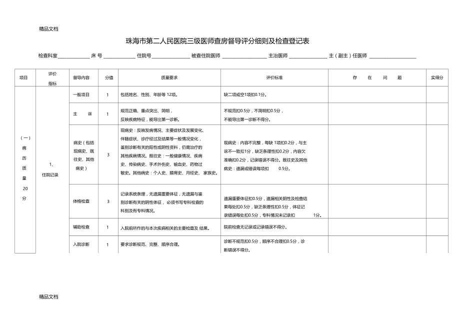 最新三级医师查房督导评分细则及检查登记表资料.doc_第1页