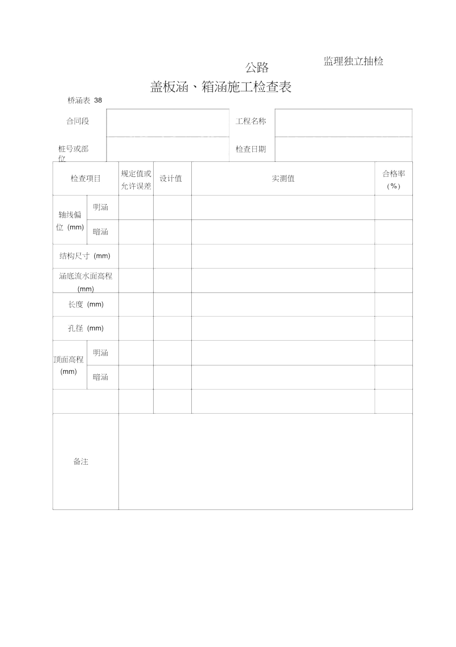 盖板涵箱涵施工检查表.doc_第1页