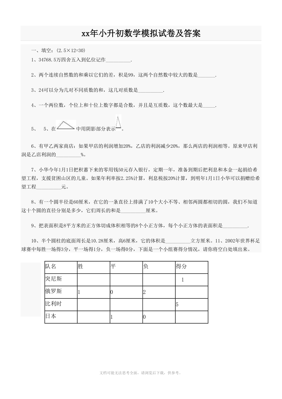 2013年小升初数学模拟试卷及答案.doc_第1页