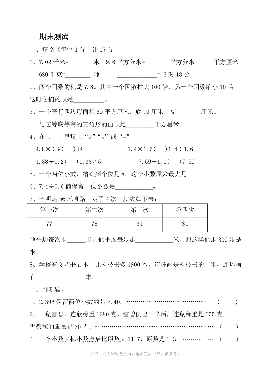 xx学年度第一学期《苏教版小学五年级数学期末试卷》.doc_第1页