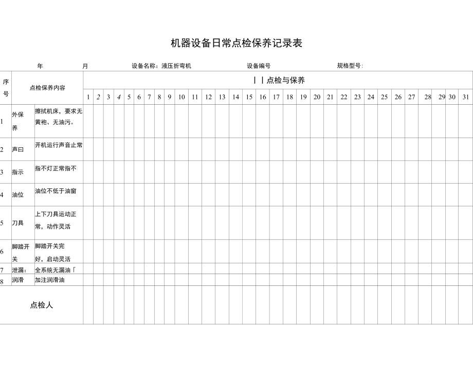 液压折弯机点检保养记录表.doc_第1页