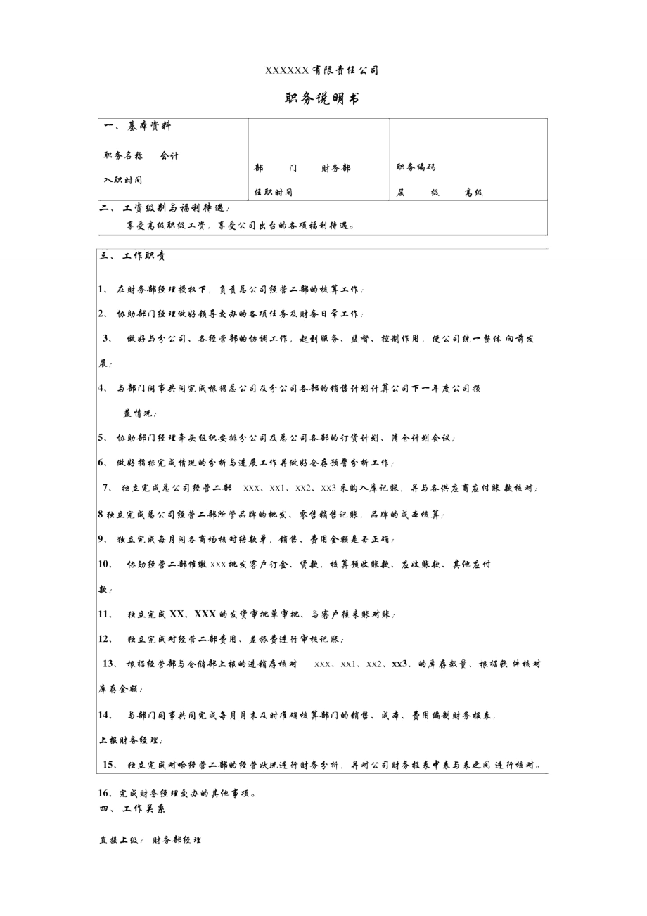 某服装企业财务部高职会计职位说明书.doc_第1页