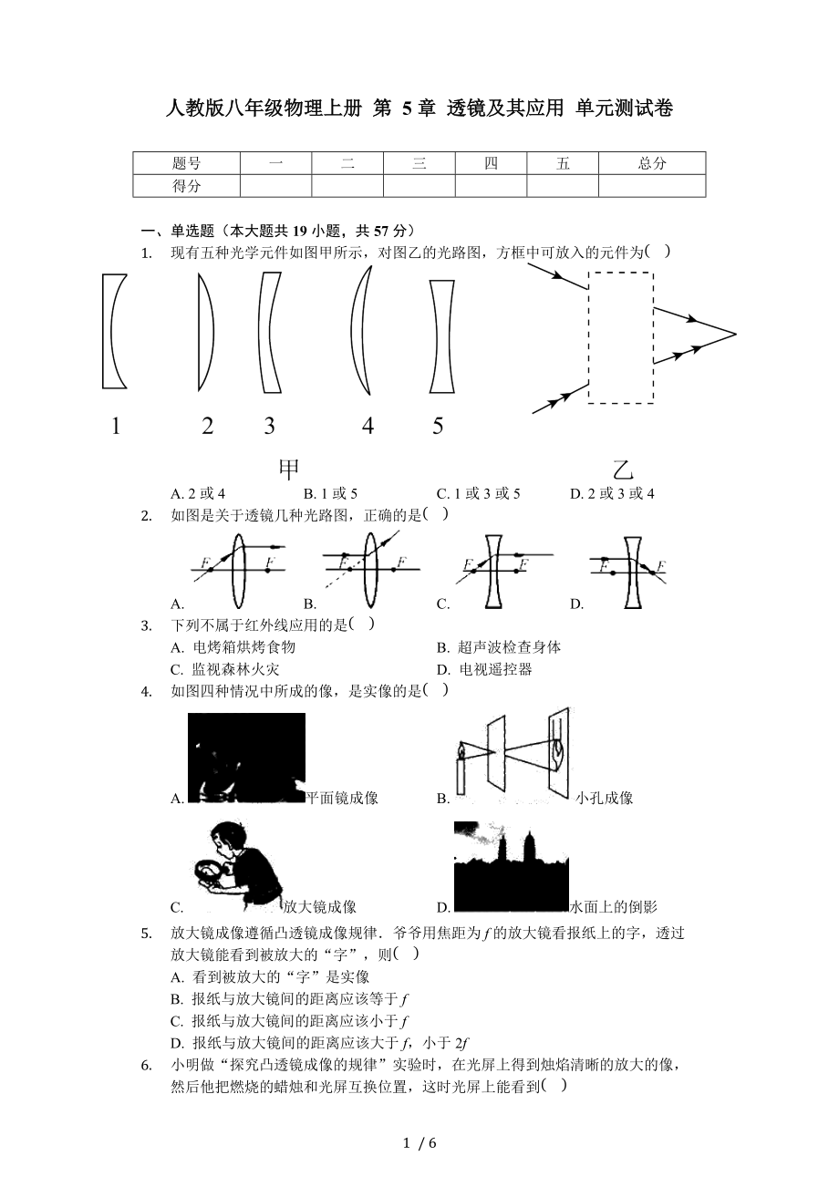 人教版八年级物理上册 第5章 透镜及其应用 单元测试卷（无答案）.docx_第1页