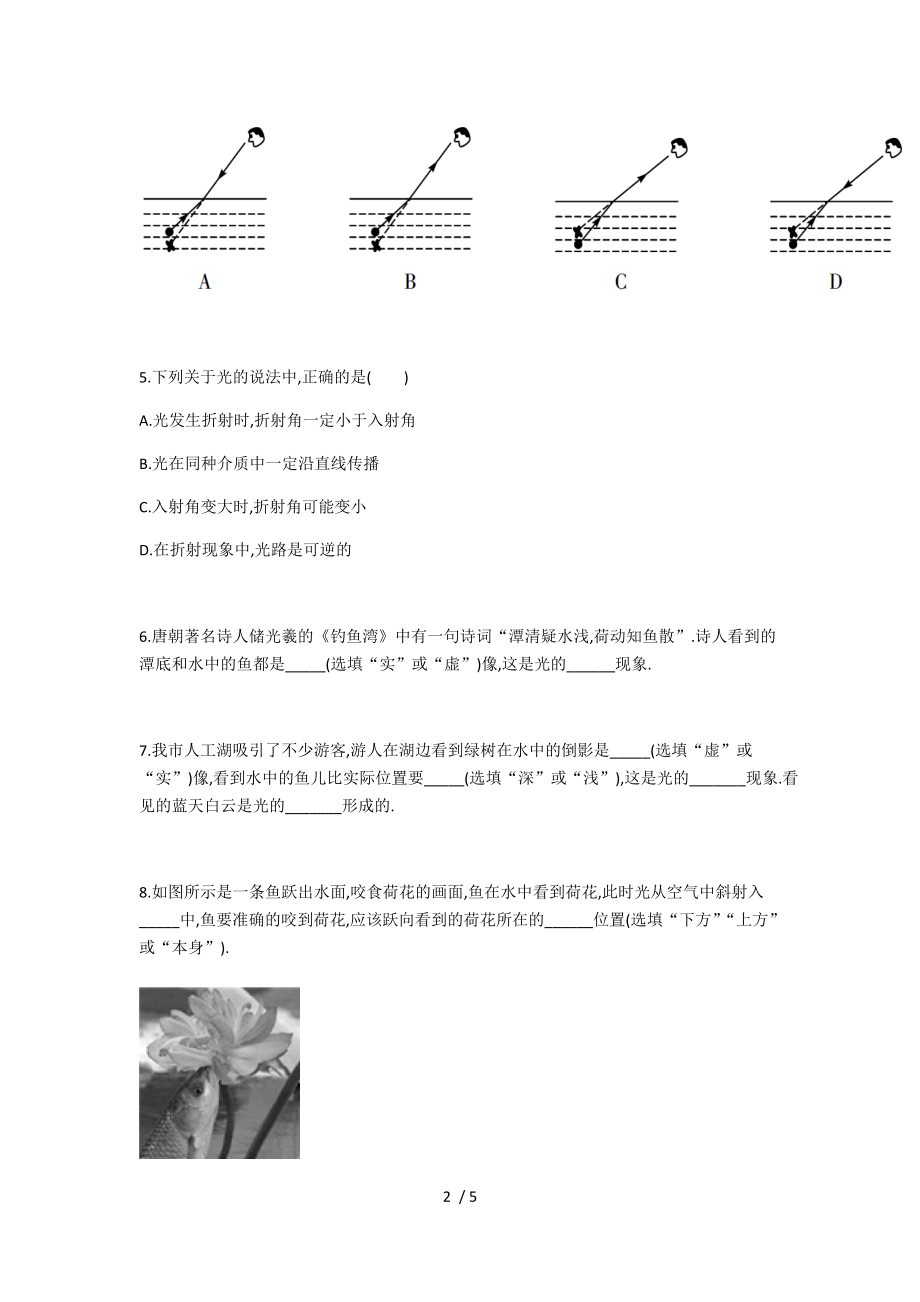 2020年秋季人教版广东省佛山市南海区八年级上学期《第四章　光现象》第4节光的折射（无答案）.docx_第2页