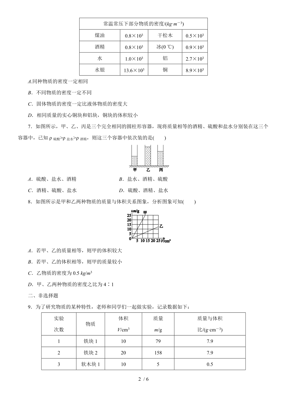 人教版物理八年级第六章：密度 对点强化.docx_第2页