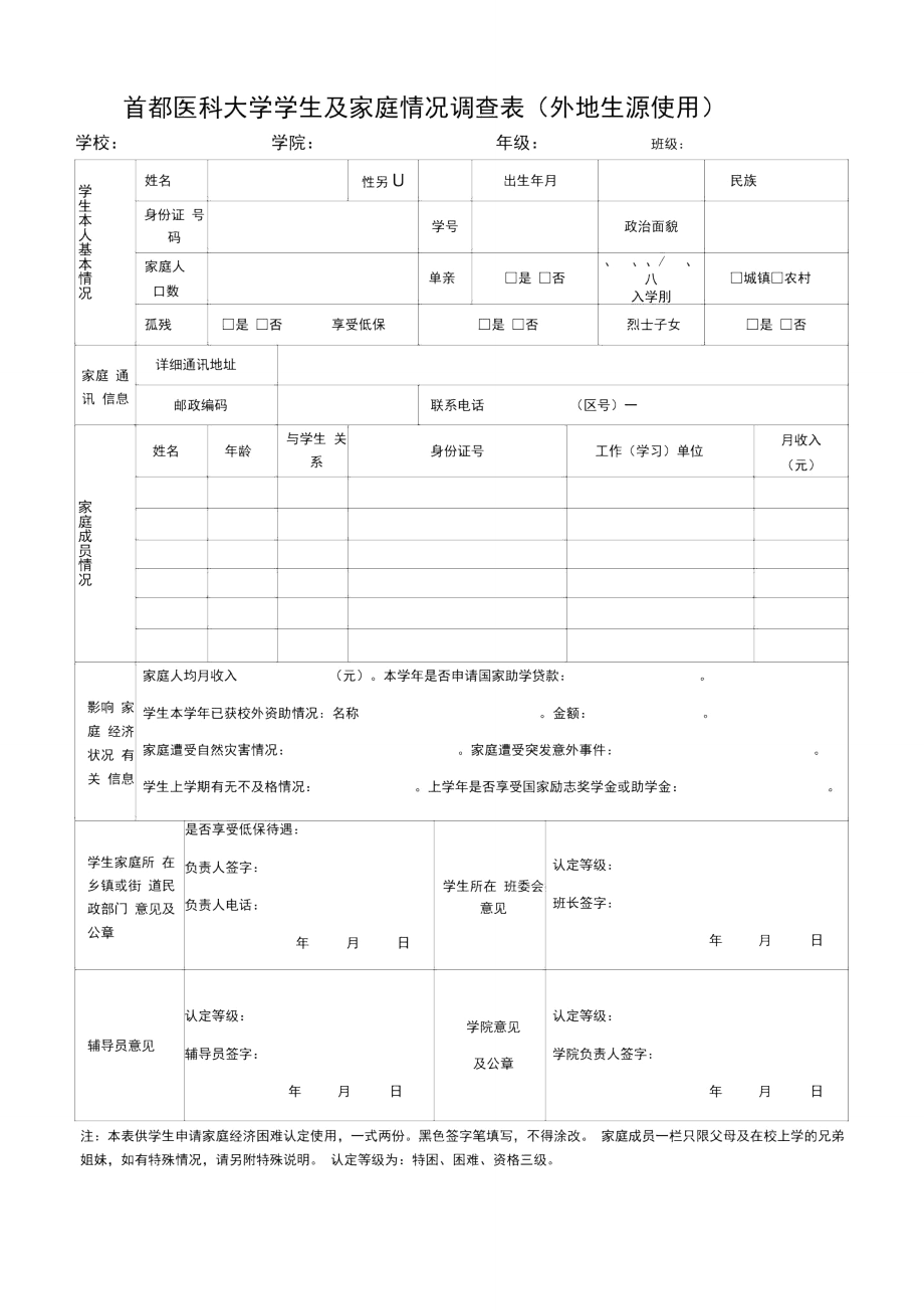 首都医科大学学生及家庭情况调查表外地生源使用.doc_第1页