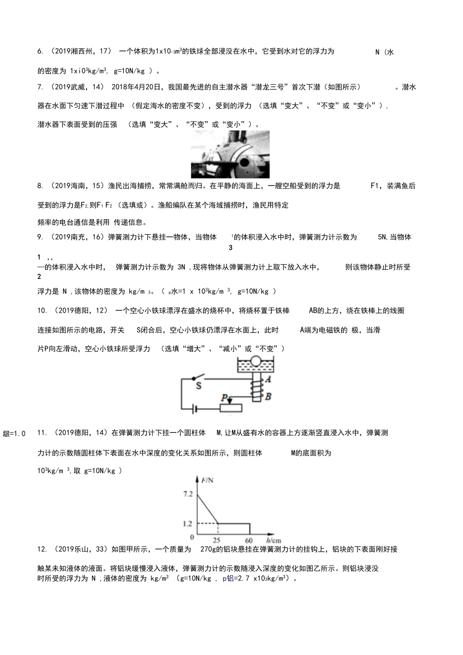 2019年中考物理真题集锦——专题五十：浮力(含答案).docx_第3页