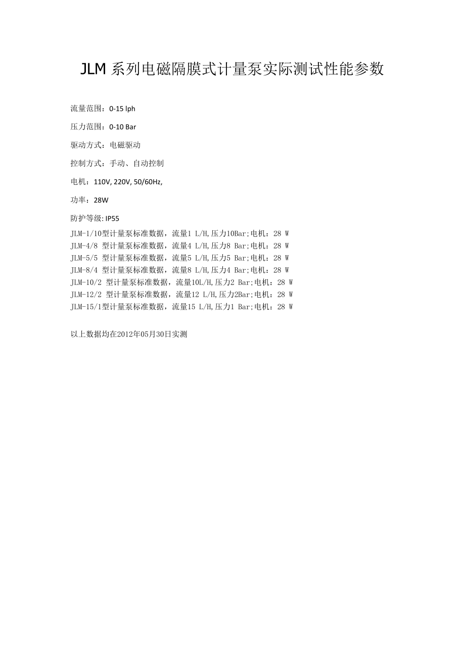 jlm系列电磁隔膜式计量泵实际测试性能参数.doc_第1页