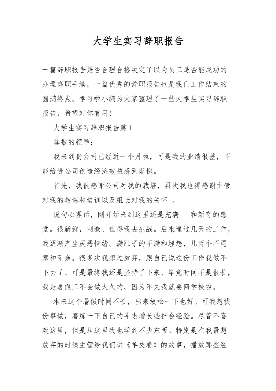 大学生实习辞职范文总结报告.docx_第1页