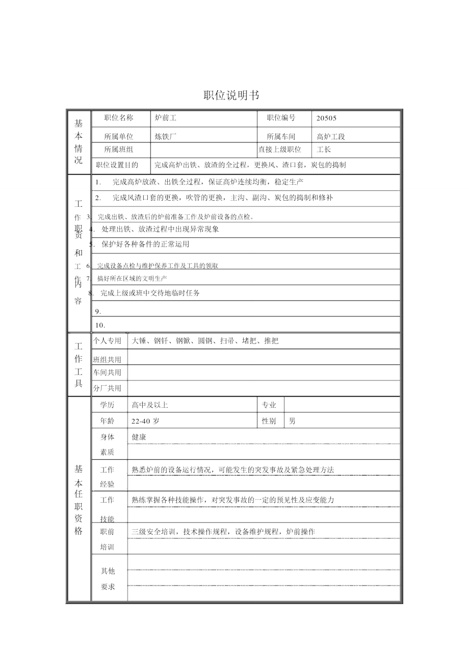 炉前工岗位说明书.doc_第1页