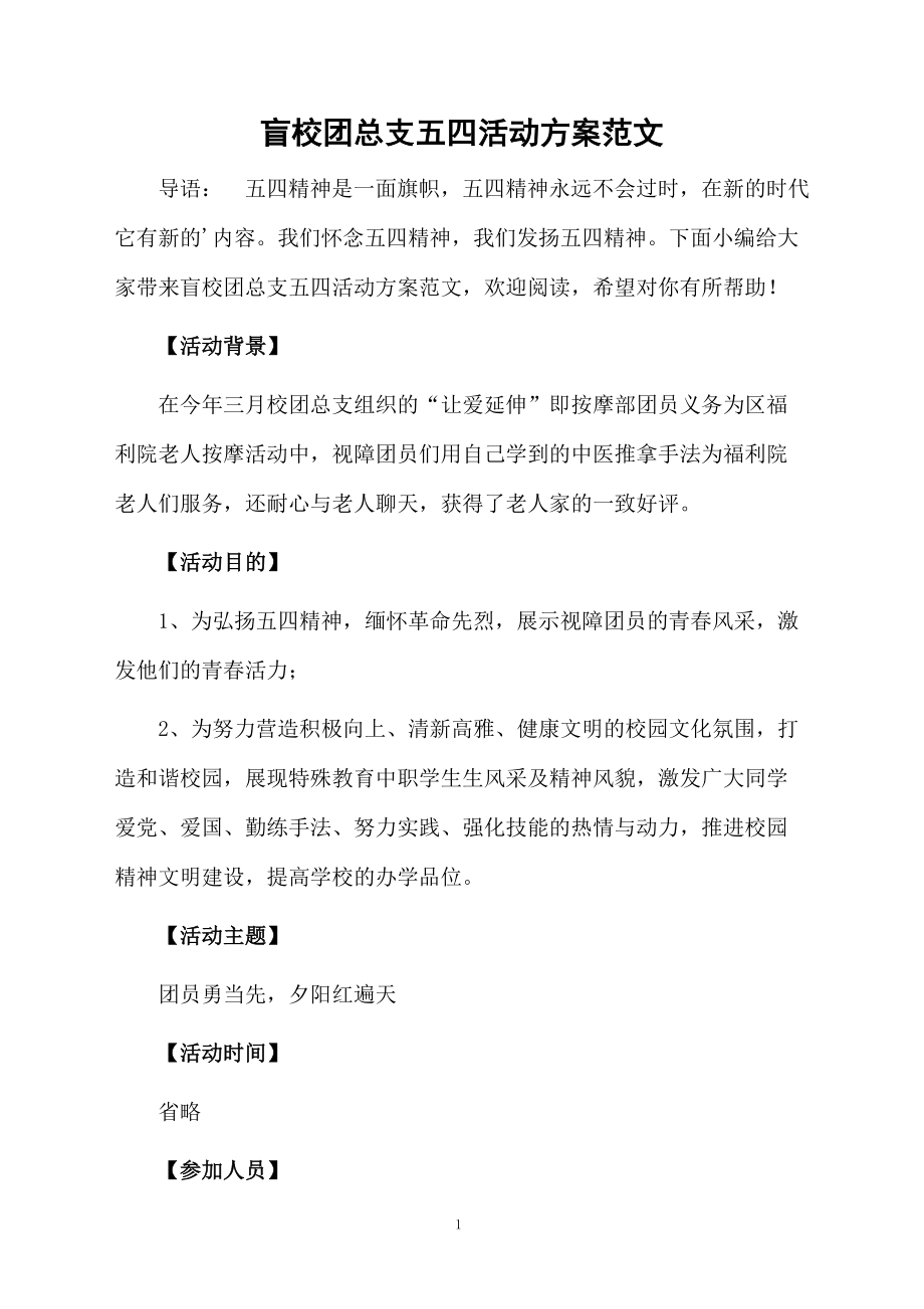 盲校团总支五四活动方案范文.docx_第1页