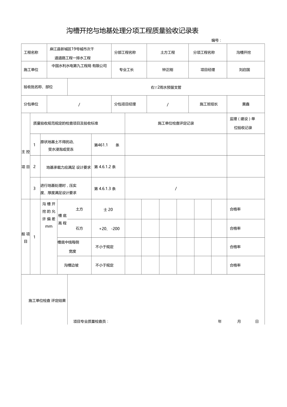 沟槽开挖与地基处理分项工程质量验收记录表.doc_第1页