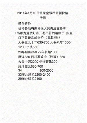 2011年1月10日银元金银币最新价格行情.doc