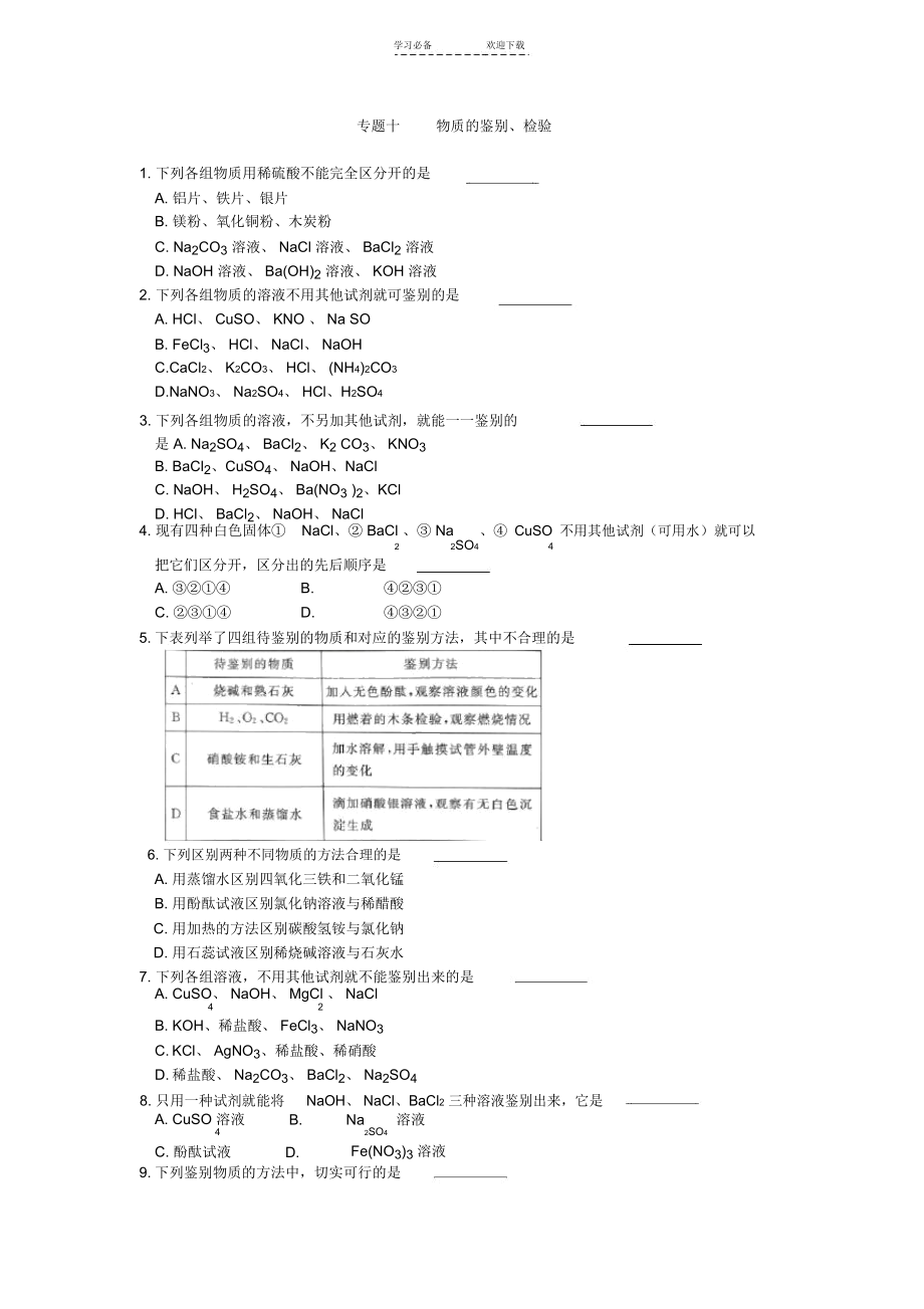 初三化学中考专题物质的鉴别、检验练习及答案.docx_第1页