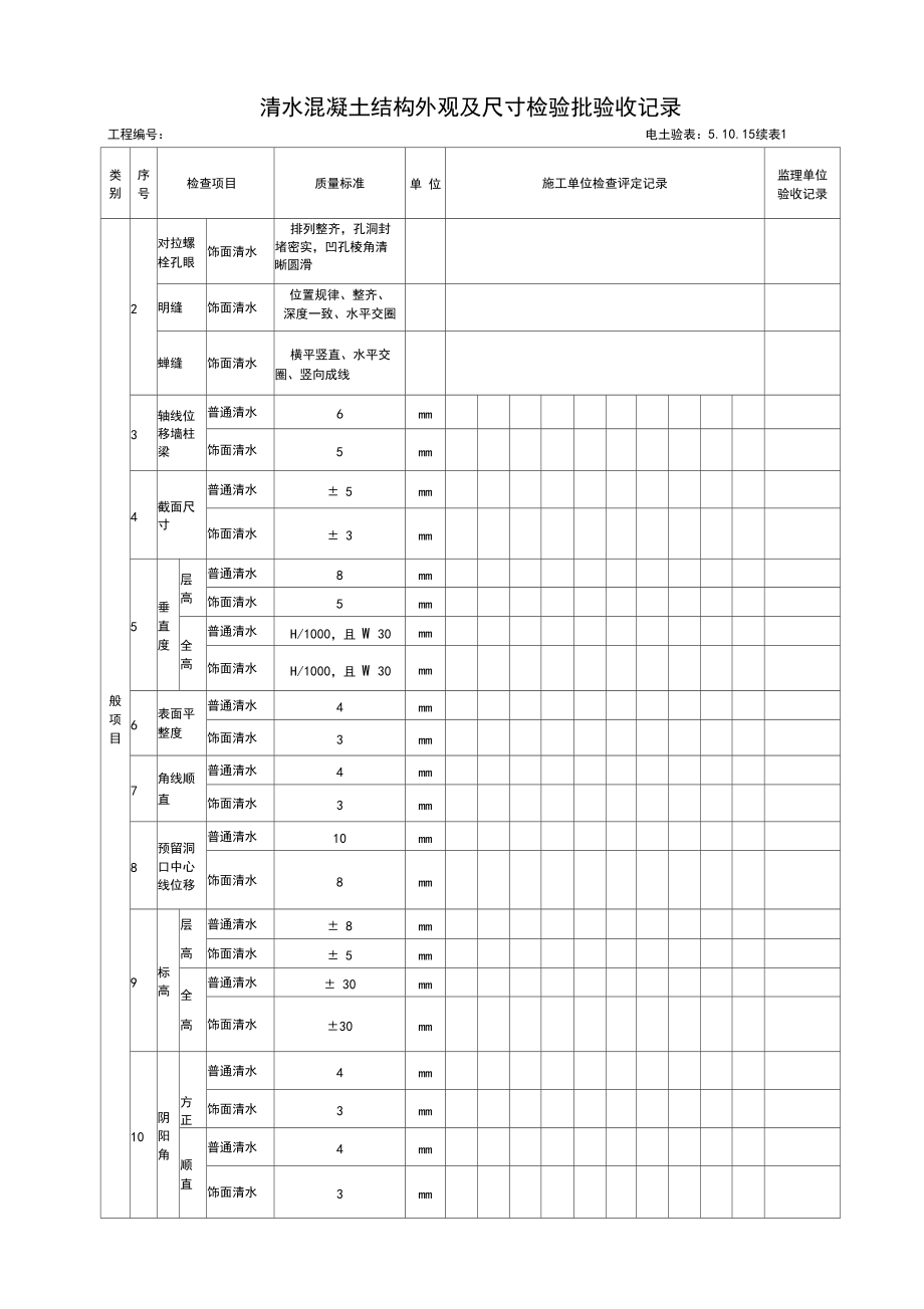 5.10.15清水混凝土结构外观及尺寸检验批验收记录.docx_第2页