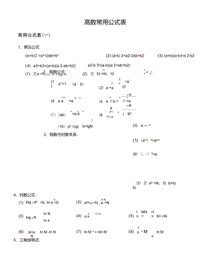 自考高等数学一(微积分)常用公式表[2].doc