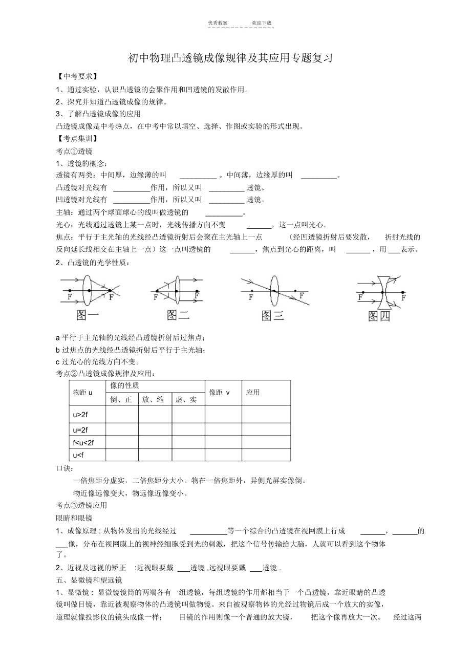 初中物理凸透镜成像规律及其应用专题复习.docx_第1页