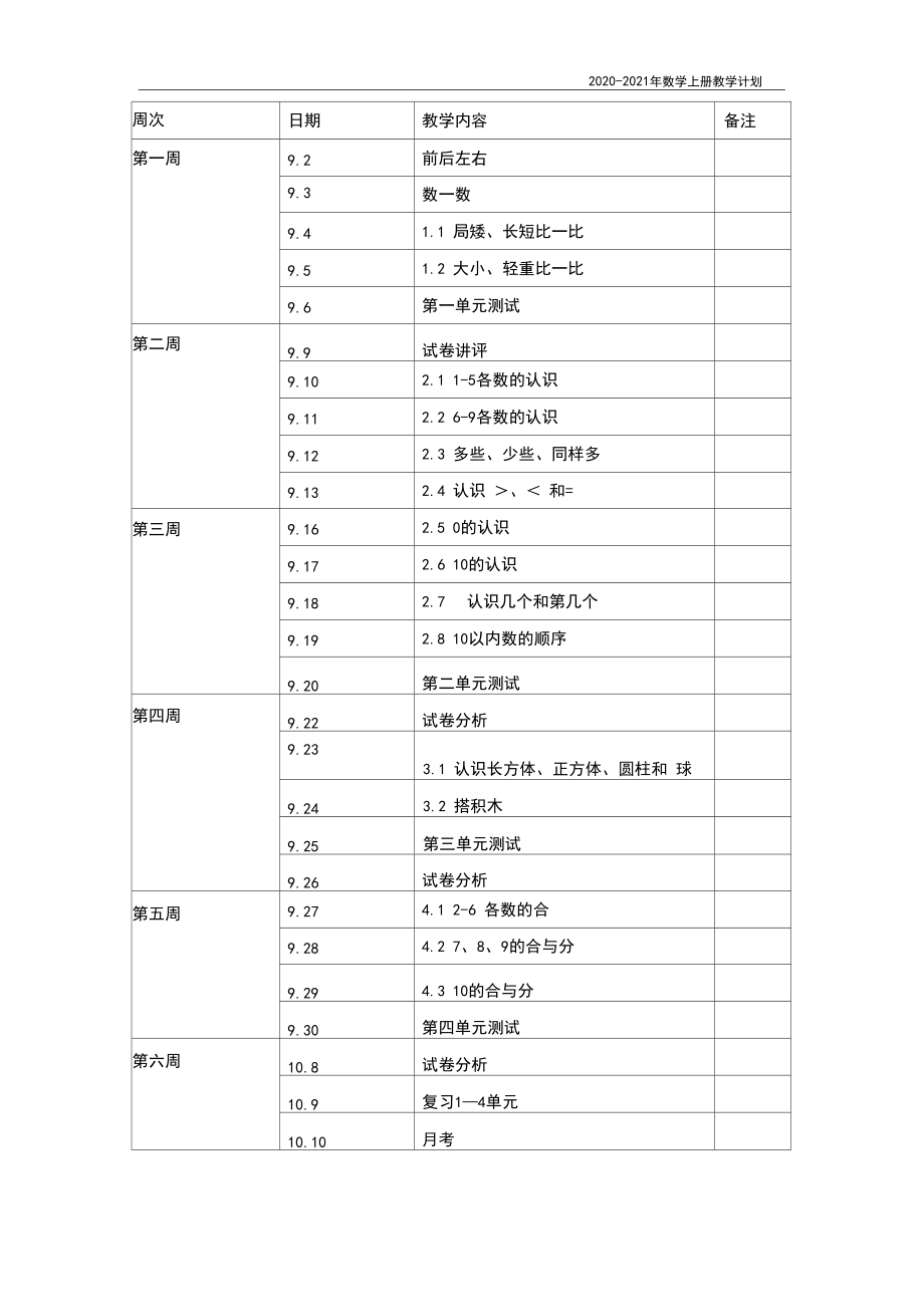 冀教版小学一年级上册数学教学计划.docx_第3页