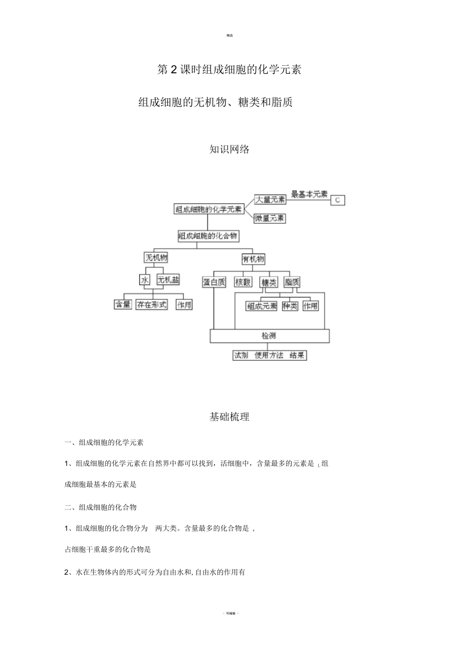 [三维设计]高考生物一轮复习精品学案(人教版)：第2课时--组成细胞的化学元素.docx_第1页