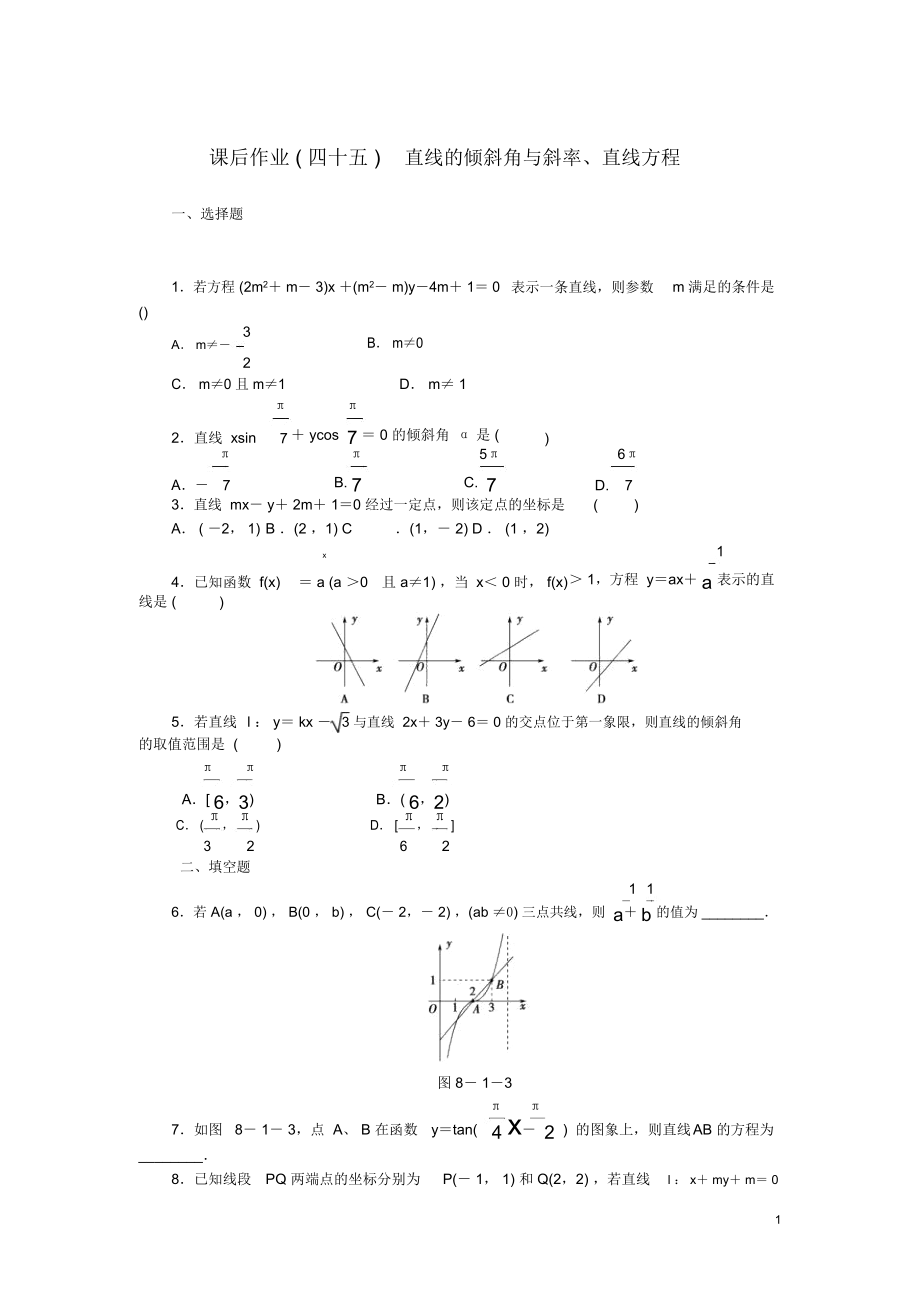 【课堂新坐标】(广东专用)2014高考数学一轮复习课后作业(四十五)直线的倾斜角与斜率、直线方程文.docx_第1页