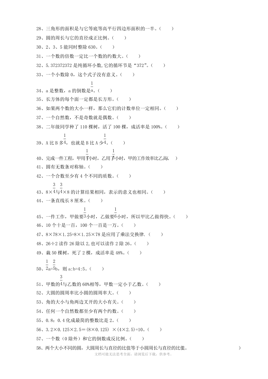 小学六年级数学 课后辅导练习题集锦(判断题部分辅导题集)(数学).doc_第2页