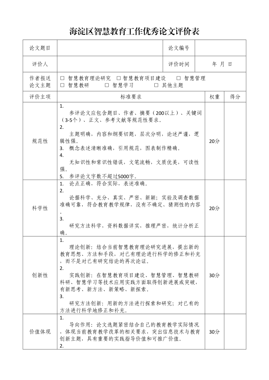 海淀区智慧教育工作优秀论文评价表.doc_第1页