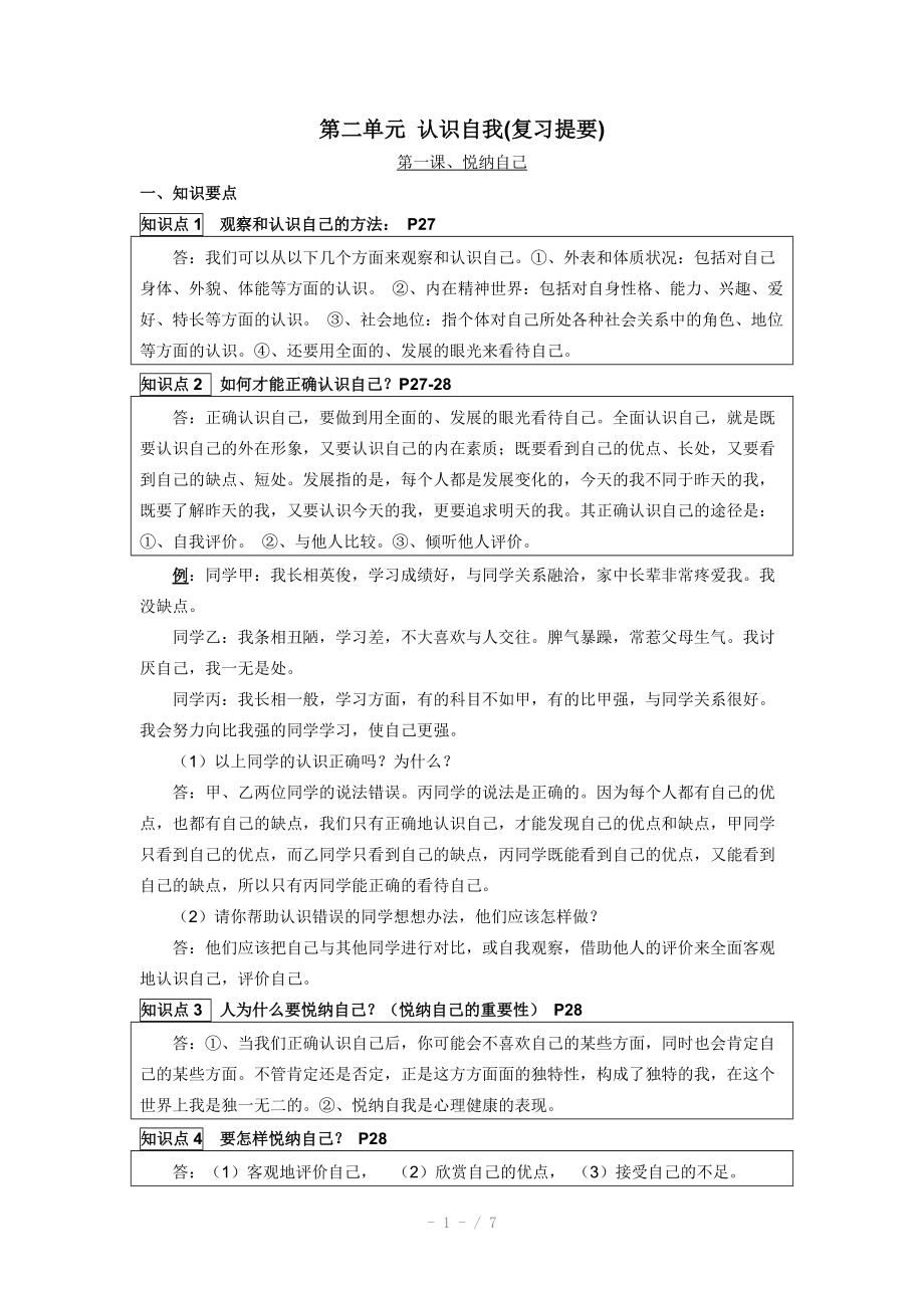 （推荐）思想品德：第二单元《认识自我》复习提要(粤教版七年级上).doc_第1页