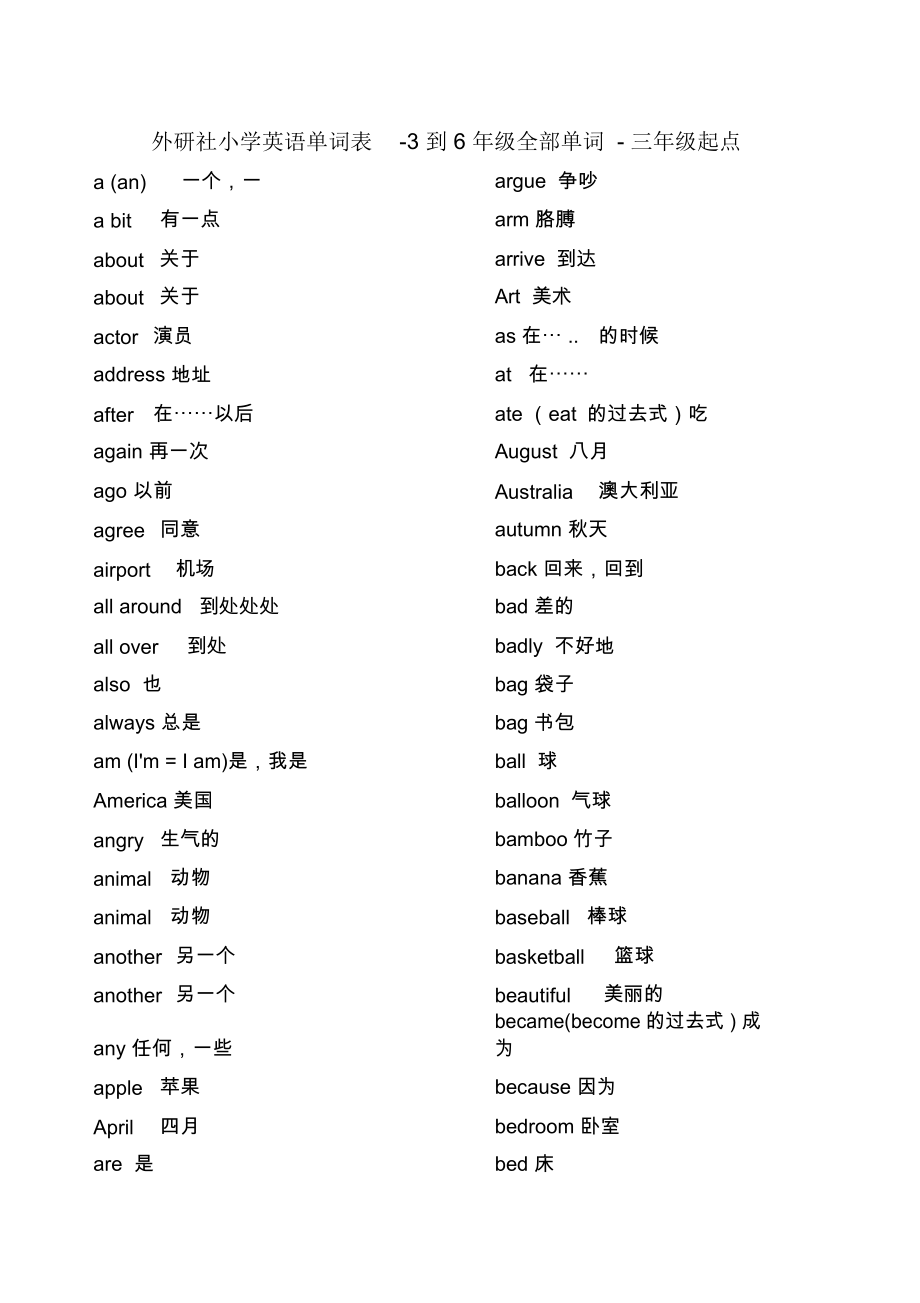 外研社小学英语单词表3到6年级全部单词三年级起点.docx_第1页