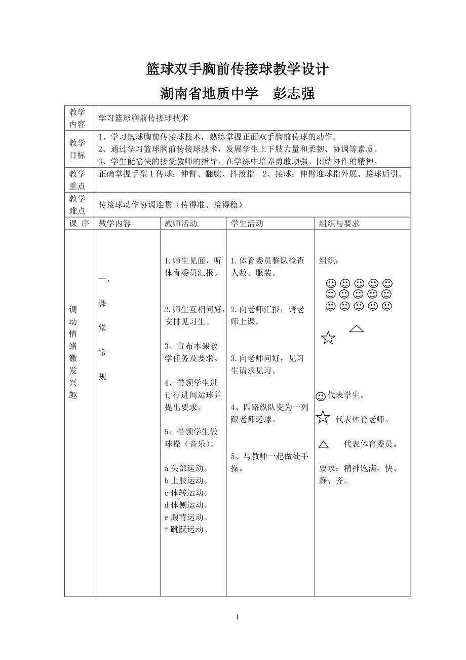 篮球双手胸前传接球教学设计湖南省地质中学彭志强.doc_第1页