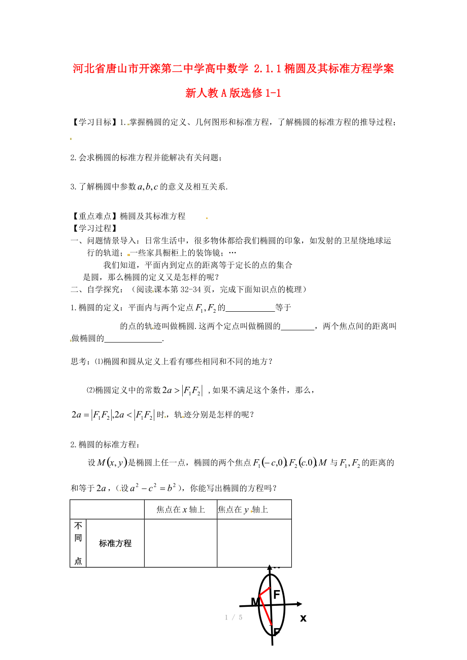 河北省唐山市开滦第二中学高中数学 2.1.1椭圆及其标准方程学案 新人教A版选修.doc_第1页