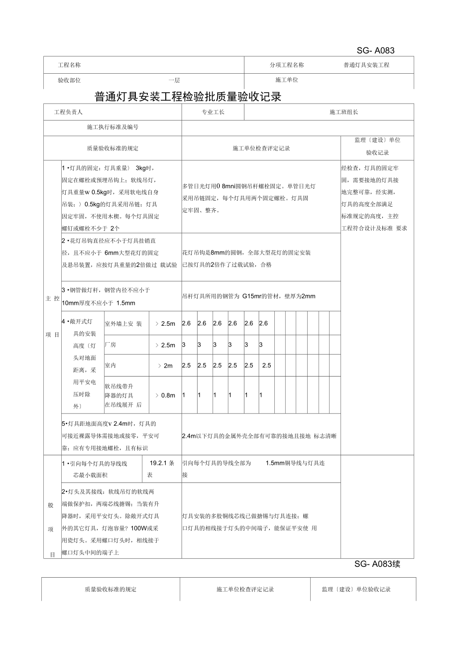 SG-A083普通灯具安装工程检验批质量验收记录.docx_第1页