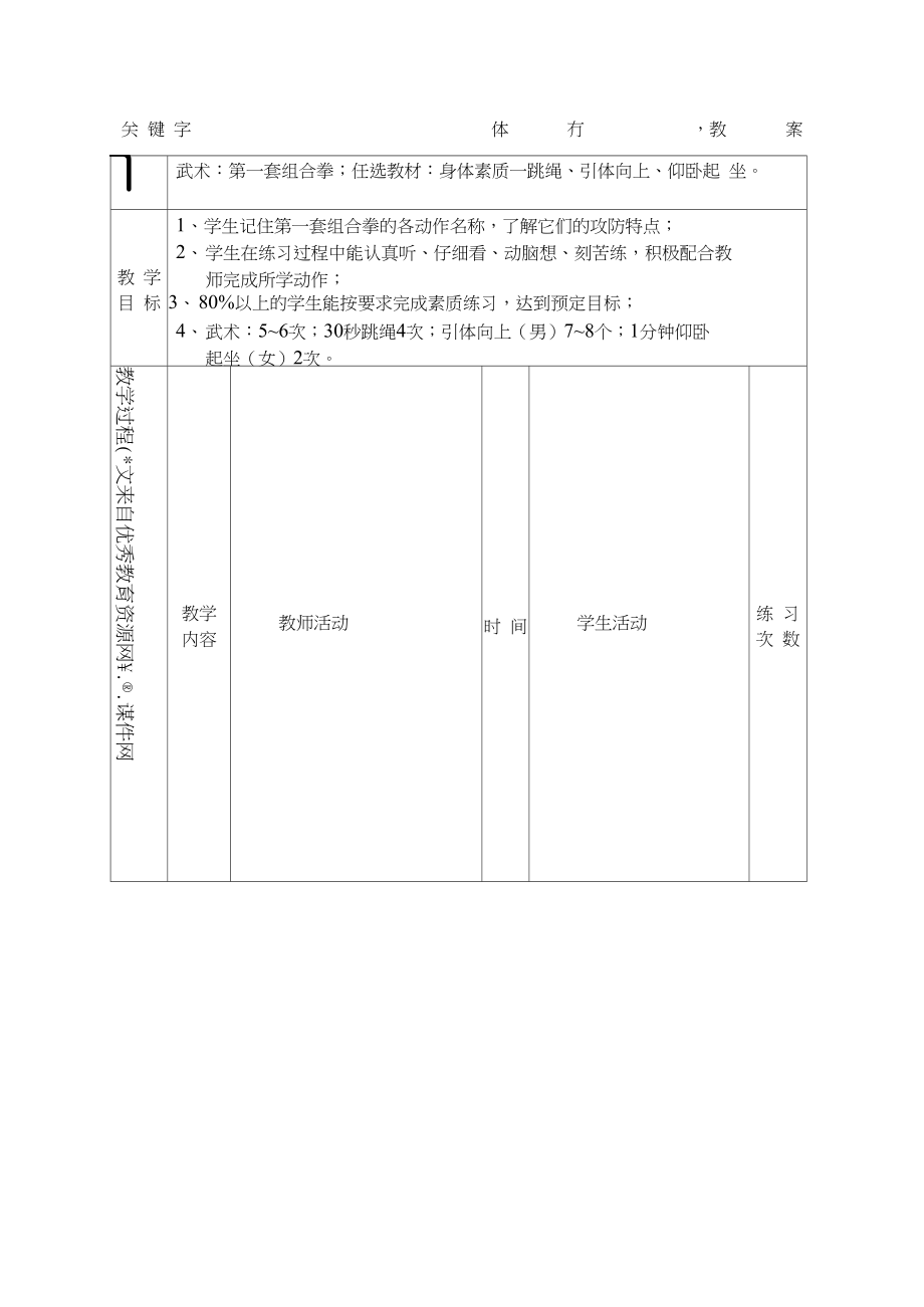 初中八年级体育课武术教案.docx_第1页