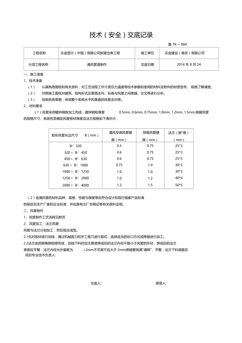 通风管道制作技术交底.doc_第1页