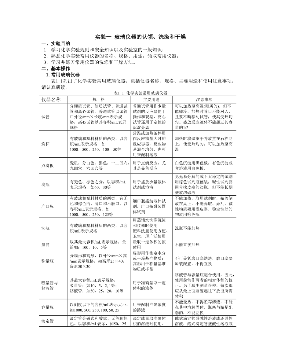 实验1 玻璃仪器的认领、洗涤和干燥.doc_第1页